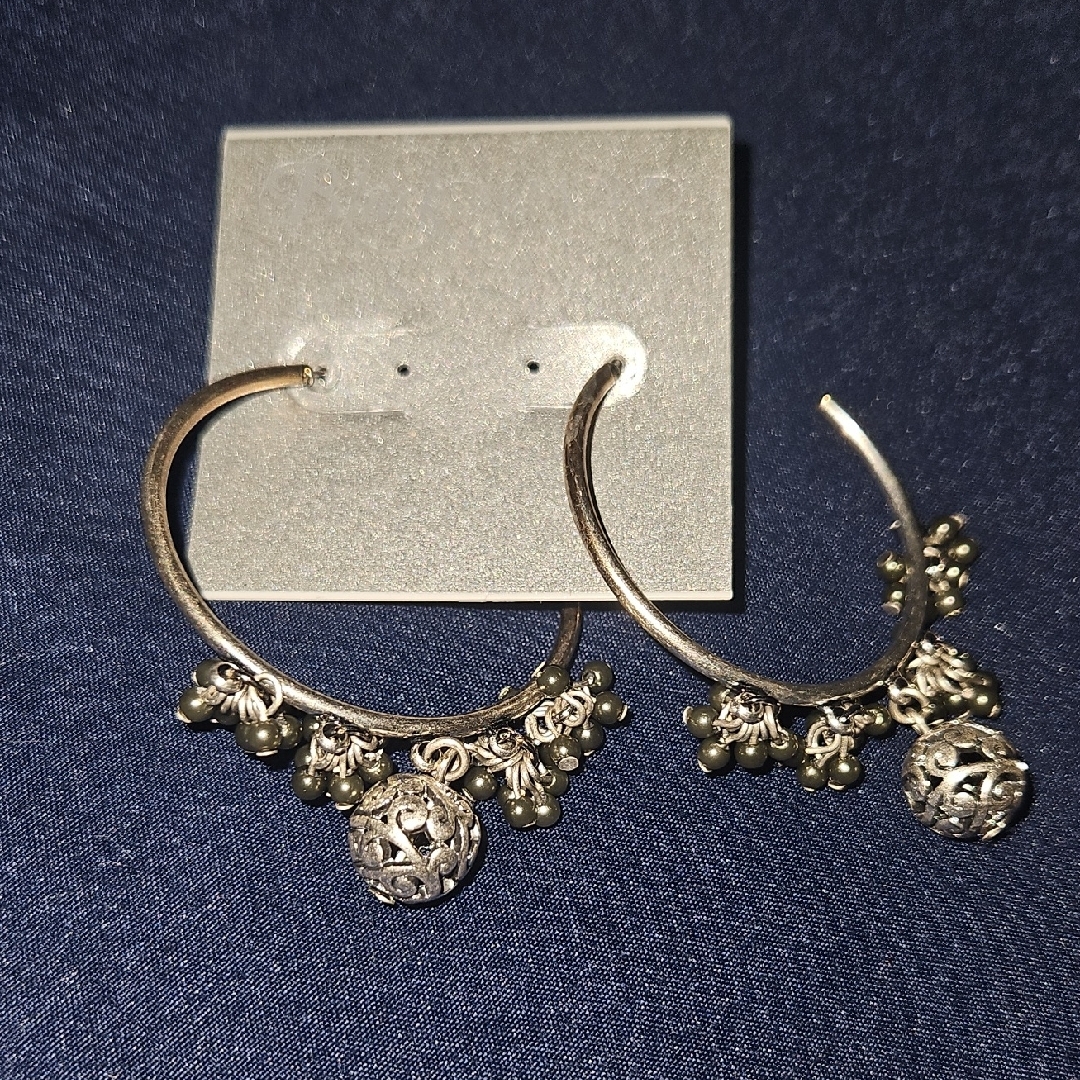Black Diamond Silver Earrings With C-Shape Design And Decorative Charms